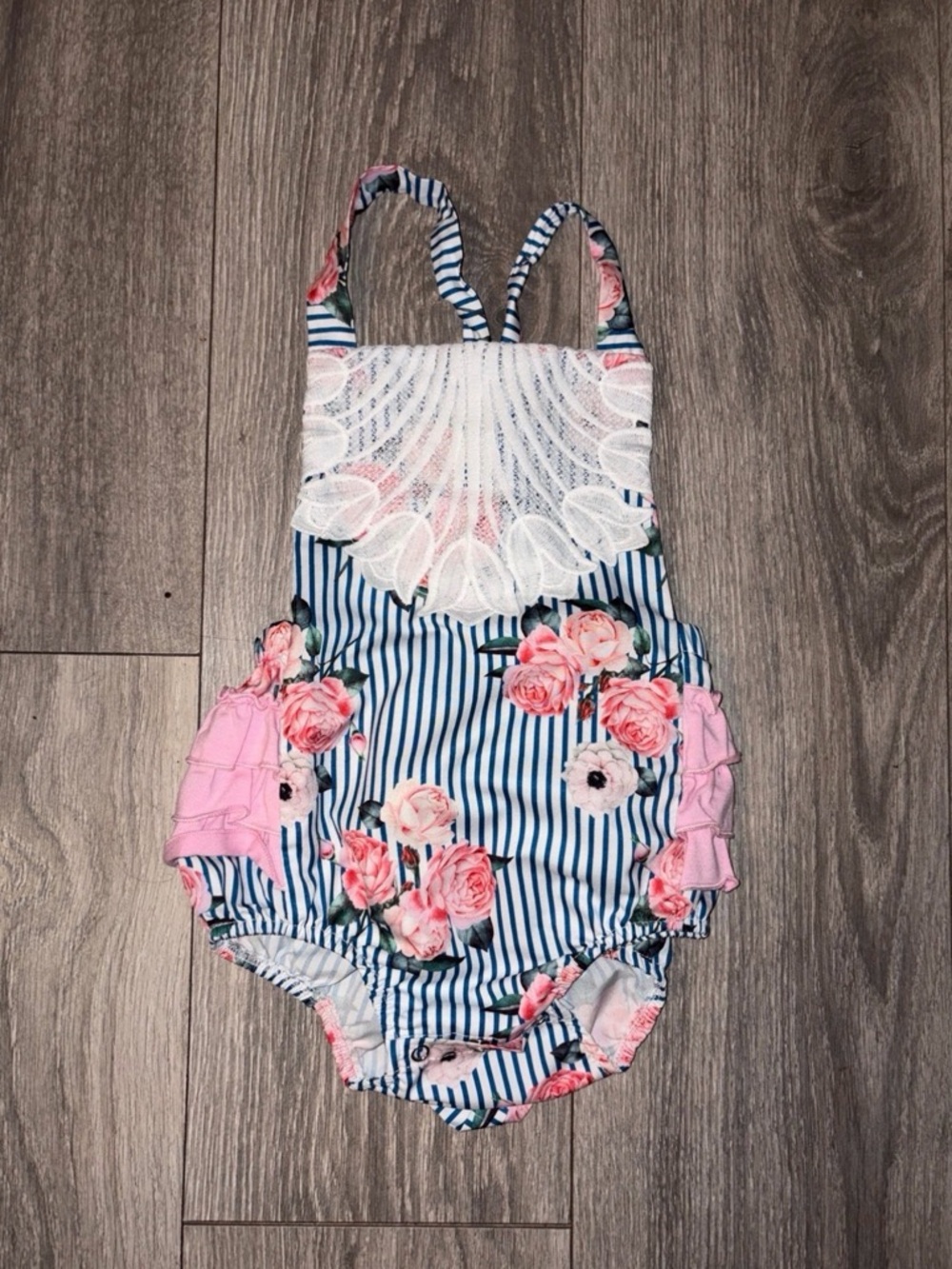 Striped Floral Baby Girl Romper/Bubble with Lace